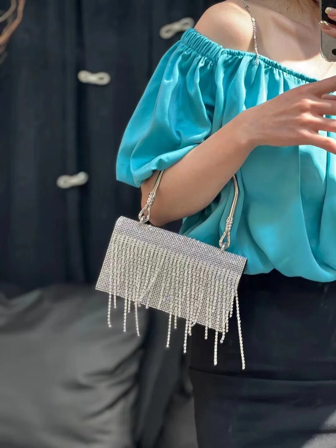 Luxury Designer Bling Tassel Rhinestone Diamond Square Bag Women's Handbag Evening Bag Dinner Party Clutch Purse Shoulder Bag