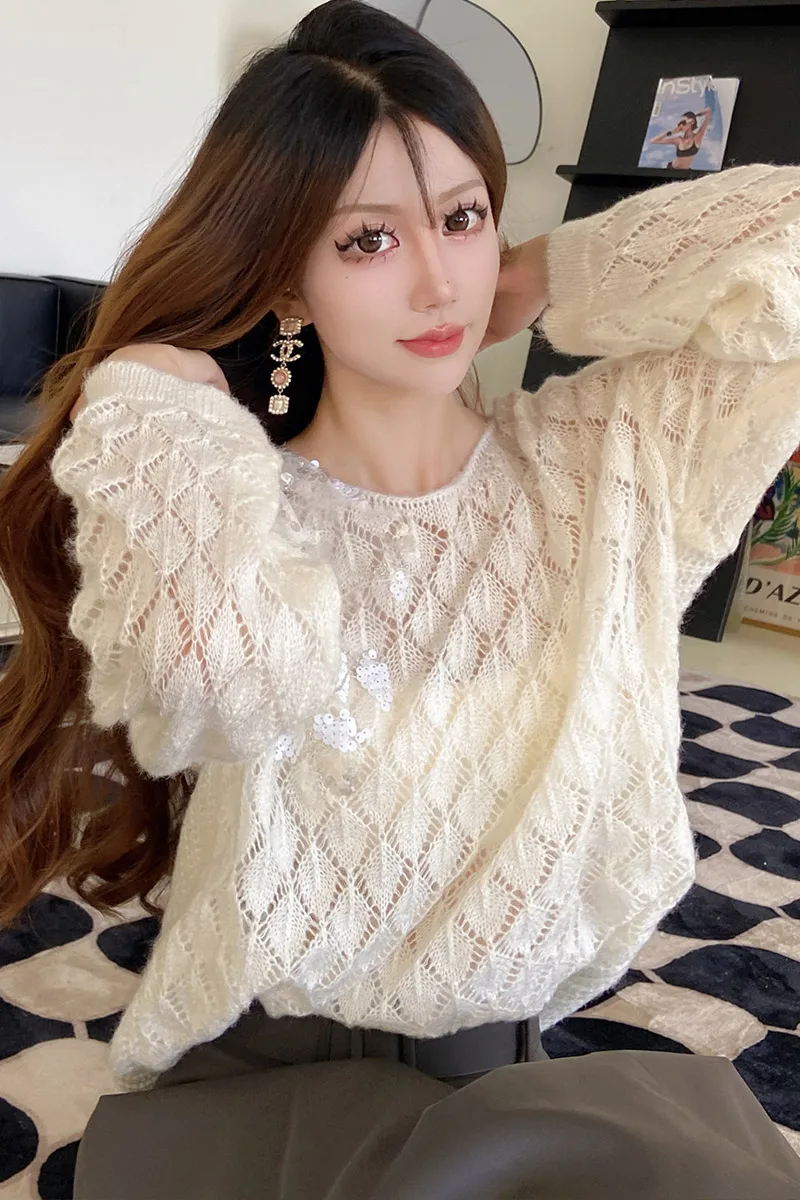 

Dabuwawa блестки вязаный свитер Hotsweet для женщин 2023 Новая коллекция английский стиль Loos крючок цветок полый топ DM1CJS005