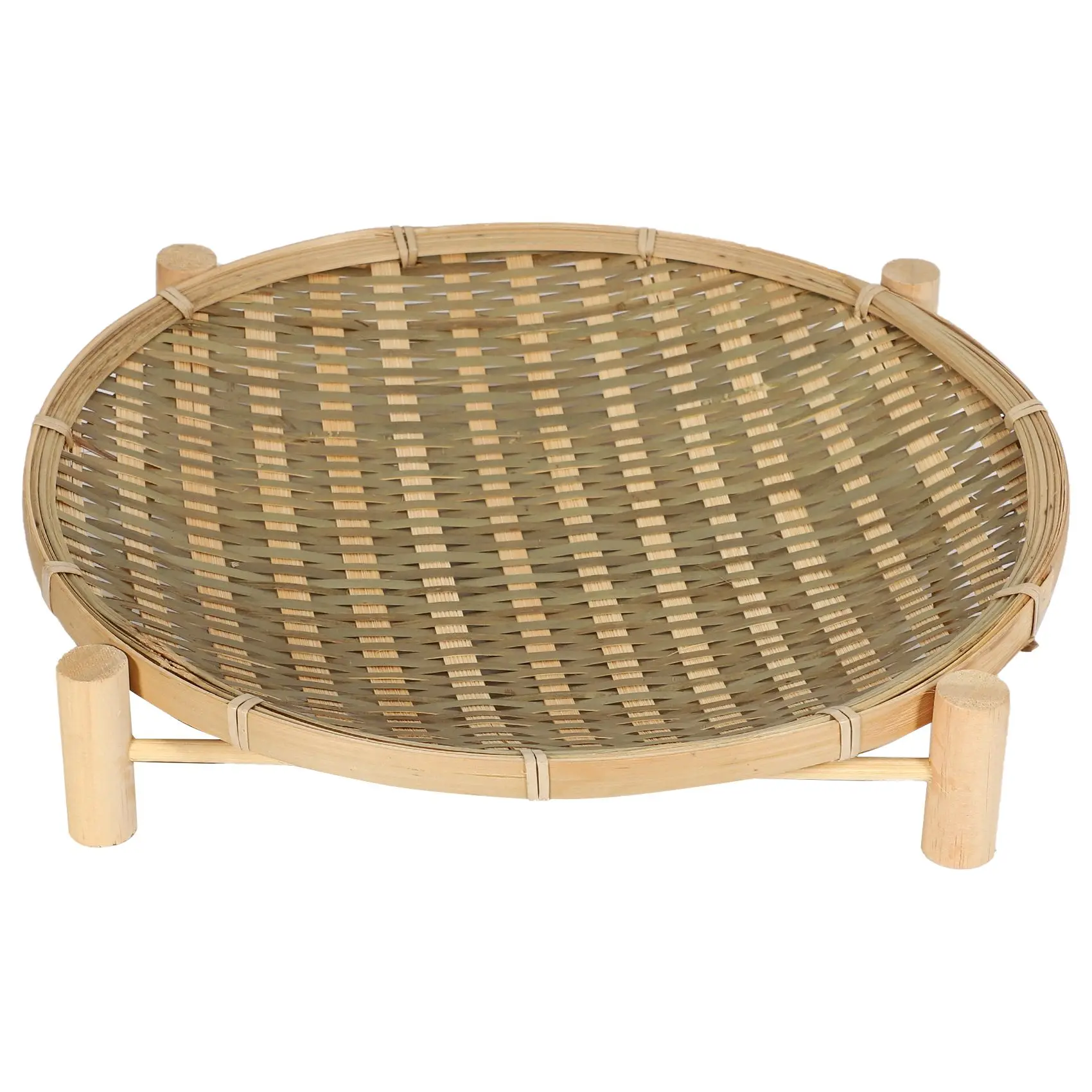

Handmade Woven Bamboo Fruit Basket Food Bread Organizer Kitchen Storage Decorative Round Plate with