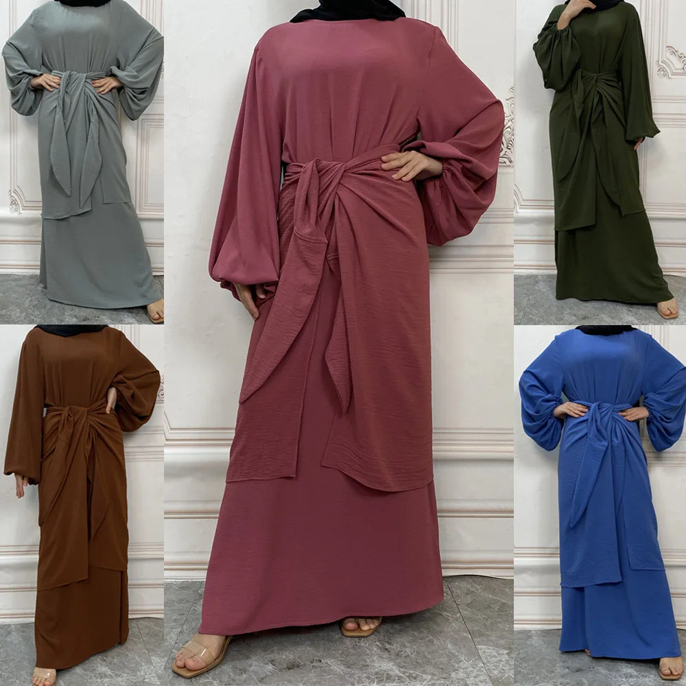 

Abaya Sets Dubai Muslim Fashion Plain Maxi Long Dress Women with Wrap Skirt Islamic Clothing Caftan Robe Femme Musulman Ramadan