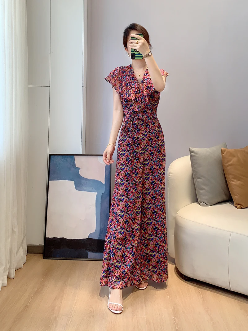 

Floral Print V Neck Ruffles Wide-Leg Short Sleeves Jumpsuit Size 0-5