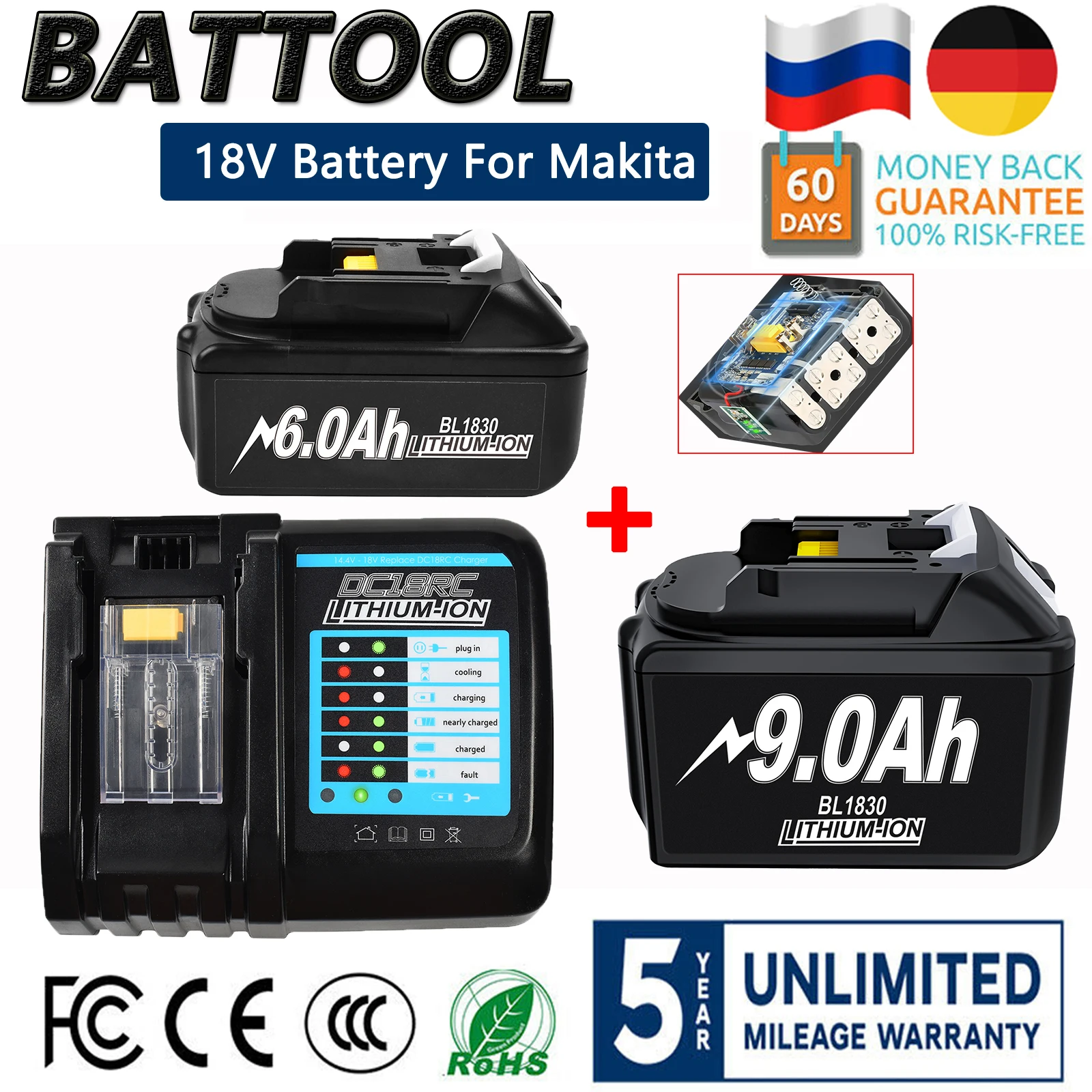 Batteria Per Makita 18V 9.0Ah/6.0Ah Bl1830B Bl1850B Bl1850 Bl1860 Batteria Al Litio Di Ricambio Con Lampada Da Lavoro Illuminazione Da Campeggio