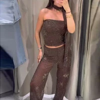 HXAO Tulle Women's Two Pieces Set Baggy Sequin Pants Sets Strapless Crop Top Beaded Long Pants 2 Piece Sets Semi Sheer Trousers - Image 4