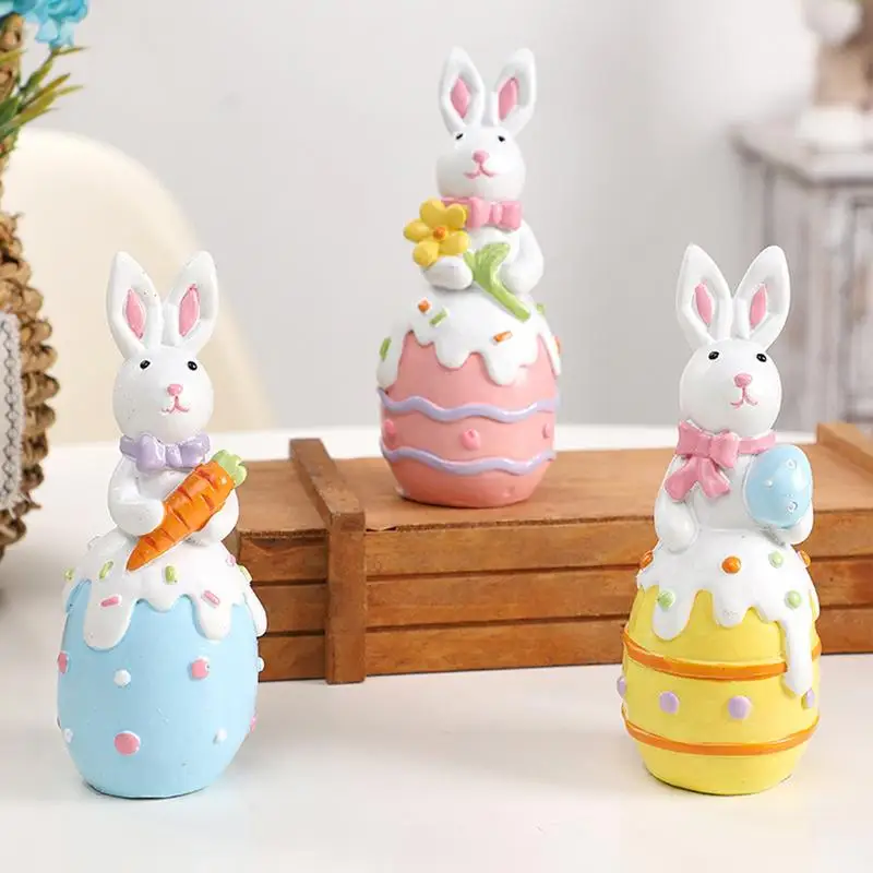 Bunny Egg Ornaments Resin Easter Desktop Decoration Holiday Collectible Figurines Colorful Bunny with Egg Statue Easter Gifts