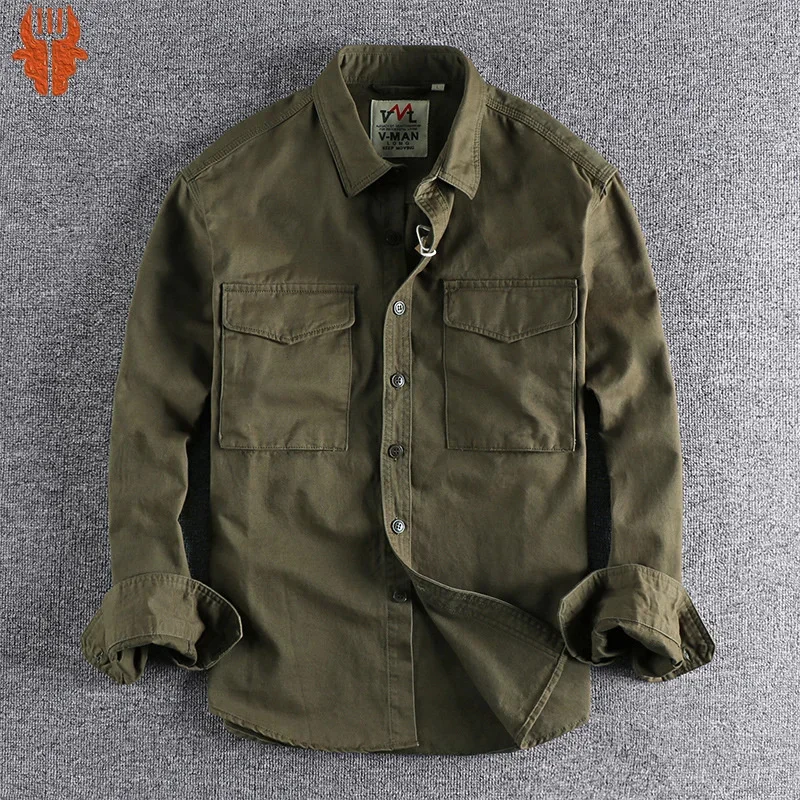 Retro-Male-Cargo-Shirt-Jacket-Canvas-Cotton-Khaki-Military-Uniform ...