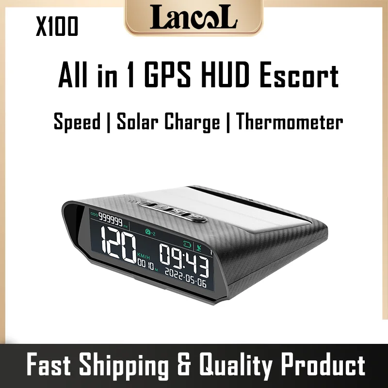 

X100 Universal Car Wireless HUD Display Gauge Solar Charging Digital GPS Speedometer Overspeed Alarm Distance Altitude Display