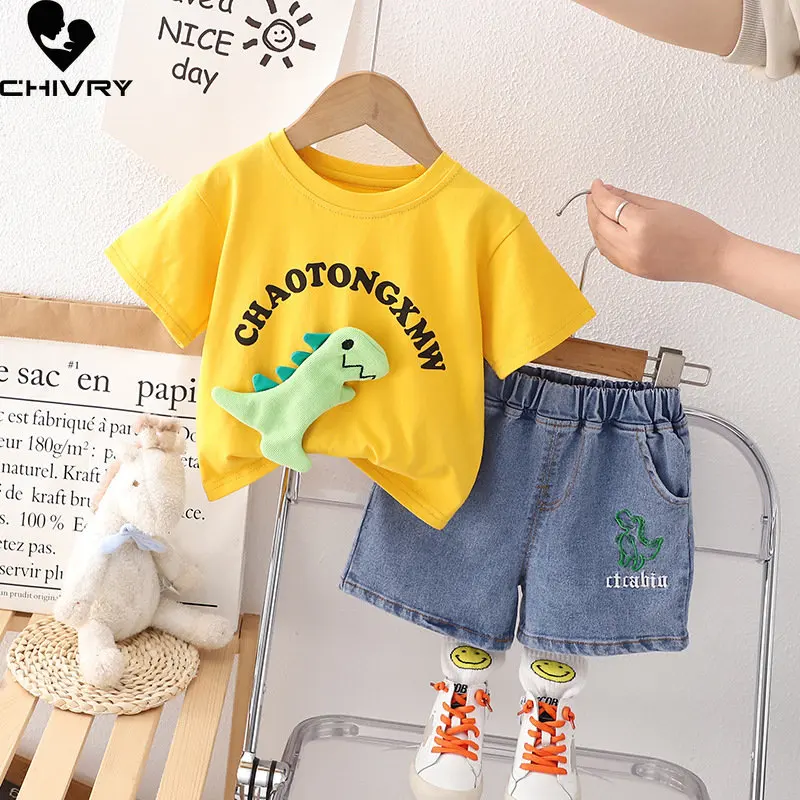 

New 2023 Baby Boy Summer Short Sleeve Round Neck Cute Cartoon Dinosaur Letter T-shirt Tops with Denim Shorts Boys Clothes Sets