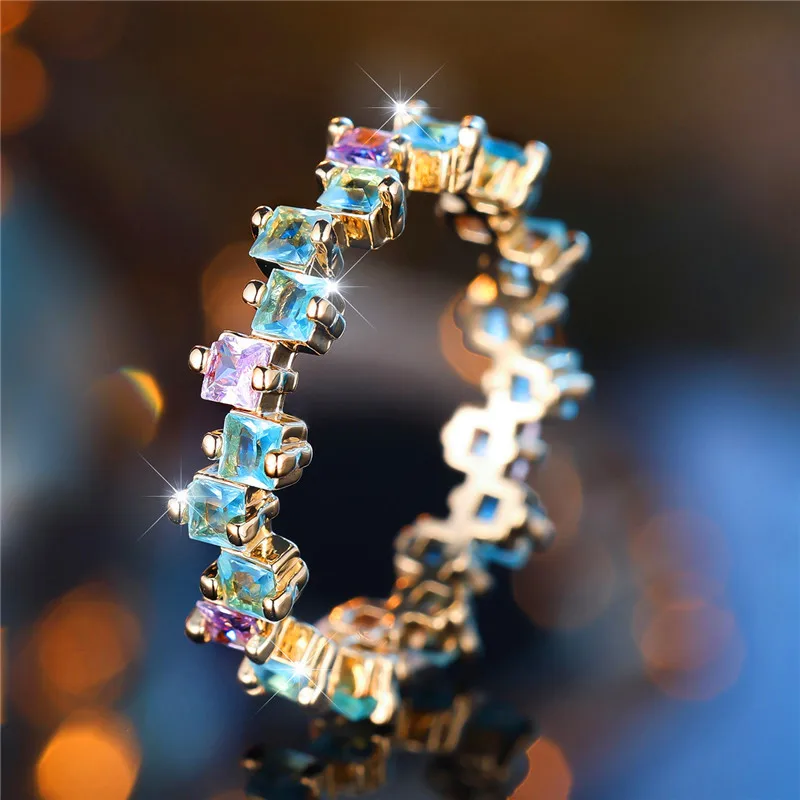 Cute Female Blue Purple Zircon Stone Square Engagement Ring Gold Color Wedding Jewelry For Women