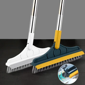 Rotary brush for floors, long handle, window scraper, rigid bristles broom, 2 in 1, for cleaning bathroom kitchen floor slits 1