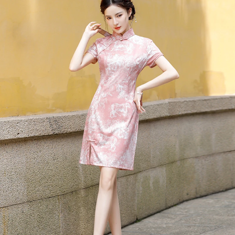 

Pink Print Loose Qipao Dress Modern 2022 Summer New Traditional Chinese Style Improved Cheongsam Women Clothing Plus Size 4XL