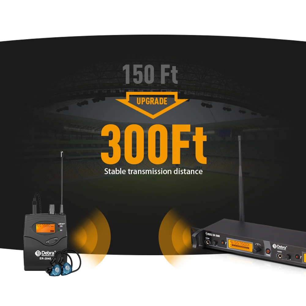 데브라 ER-2040 전문 무선 인이어 모니터 시스템, UHF 전송 거리 180m, 무대 공연 및 콘서트용
