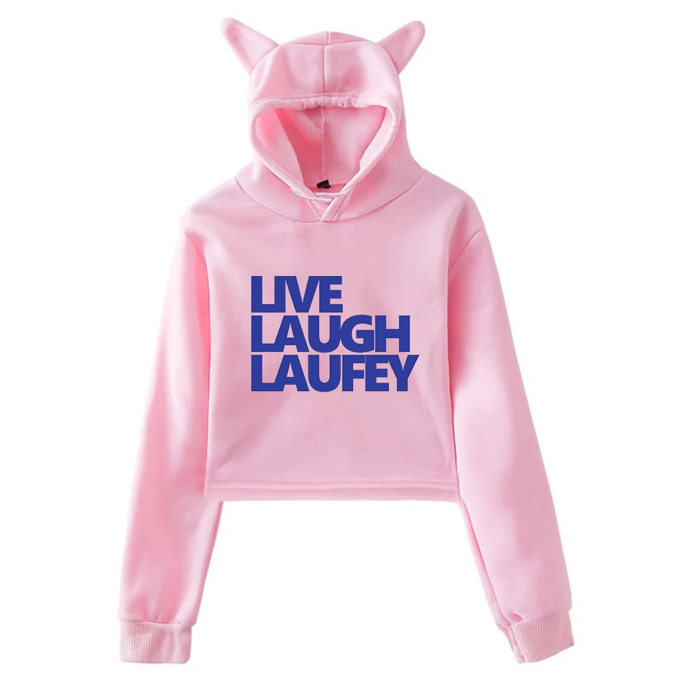 

Laufey Live Laugh Laufey Merch Pullover Cat Ears Hoodie Long Sleeve Navel Sweatshirt Female Crop Top Women's Clothes