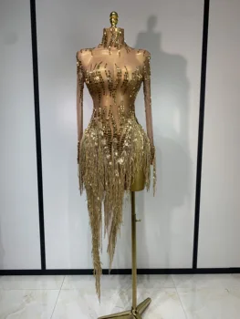 Sexy Stage Costume Sparkly Rhinestone Golden Tassel Mesh Dress Evening Party Luxury Birthday Nightclub Bar DJ Dancer Outfit 1