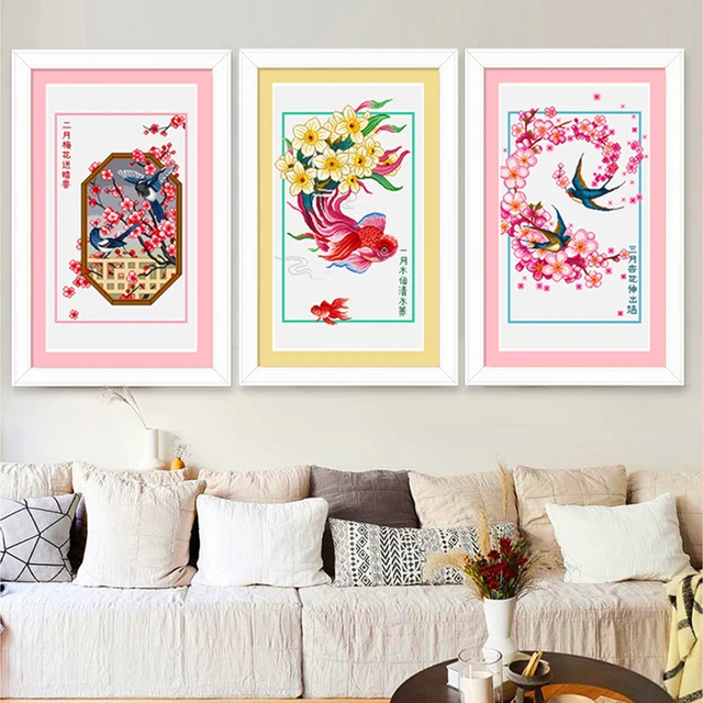 Cross Stitch Kits for Adults: Chinese Style Flower Pattern December Flower January February March Thread 11CT Stitch Set Cross