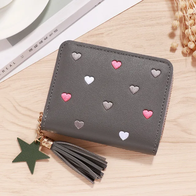 Geestock Women Tassel Wallet Ladies Small Mini Coin Purse Wallets Short Zipper Credit Card Holder for Cute Female Purses Wallet Grey