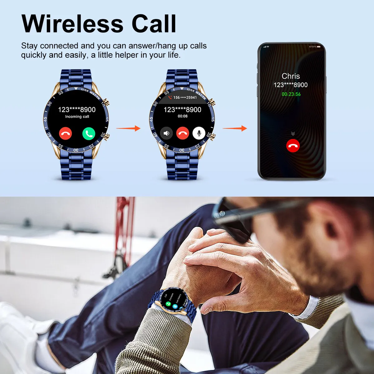 LIGE 2026 New Blue Smart Watch Bluetooth Call Heart Rate Sleep Monitor Sport Fitness Tracker IP67 Waterproof Steel Smart Watches