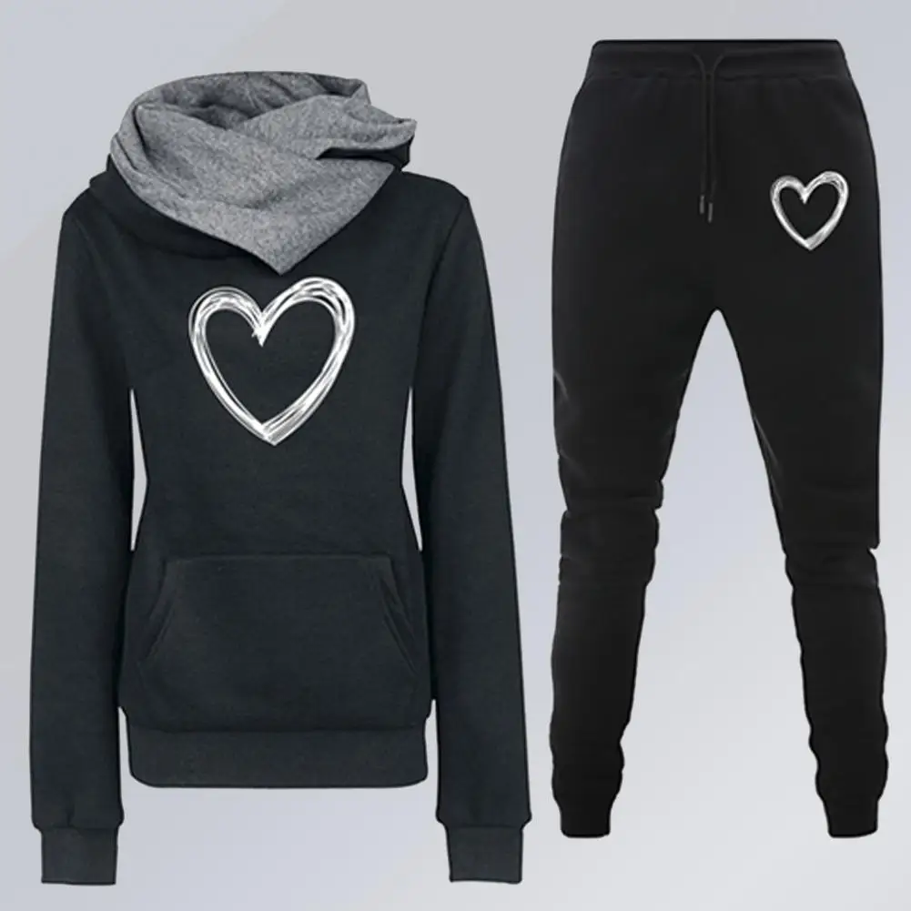 

2 Pcs/Set Women Hoodie Pants Suit Heart Print Long Sleeve Elastic Cuff Tracksuit Set Elastic Waist Ankle-banded Sweatpants Set