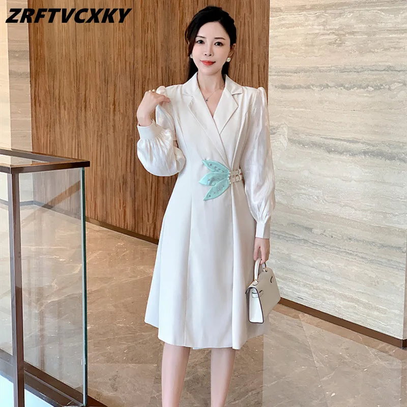 

New Autumn Women Vintage A-Line Dress Elegant Long Sleeve Fashion Beading High Waist Ladies Work Casual Party Dresses Vestidos