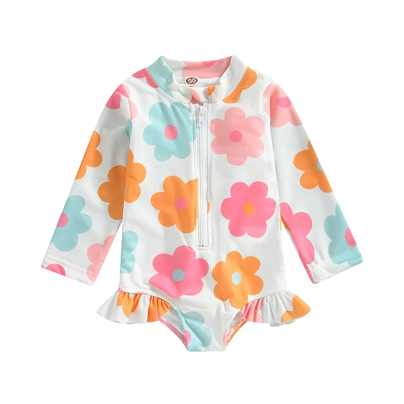 Kids Baby Girl Swimsuits Summer Floral Long Sleeve Zipper Ruffles Jumpsuit Swimwear Beachwear Bathing Suits 1