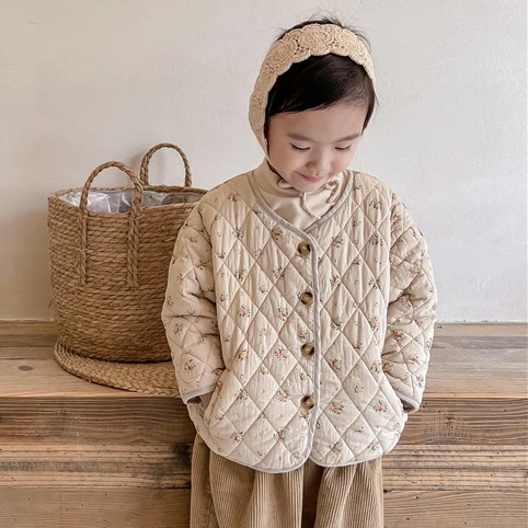 2024 여아용 코튼 패딩 재킷, 플라워 싱글 브레스트 가디건, 아동복, 한국 버전, 가을 및 겨울 코트