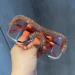 Luxury Oversized Y2k Sunglasses Women Metal Rimless Vintage Silver Sun Glasses Big Rhinestone Feamle Shades