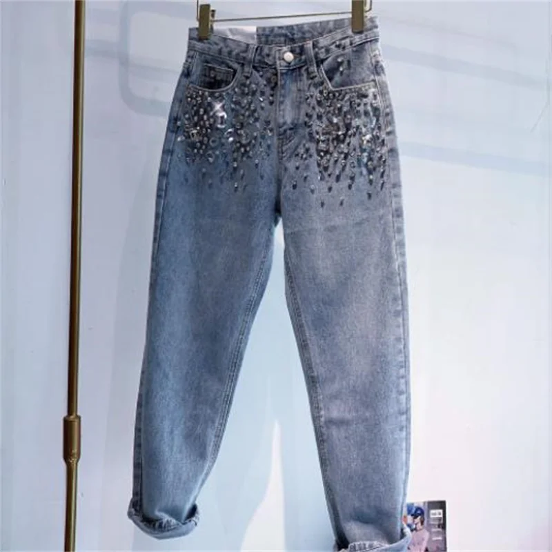 Rhinestone jeans women spring summer Heavy Industry fashion Beads High  Waist Loose Straight Casual cross pants