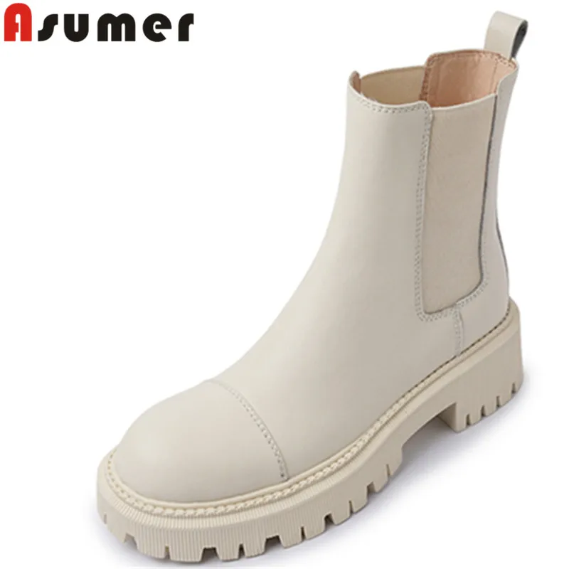 

ASUMER 2022 Size 33-41 New Arrive Square Med Heels Boots Slip On Ladies Genuine Leather Winter Ankle Boots Platform Women Shoes