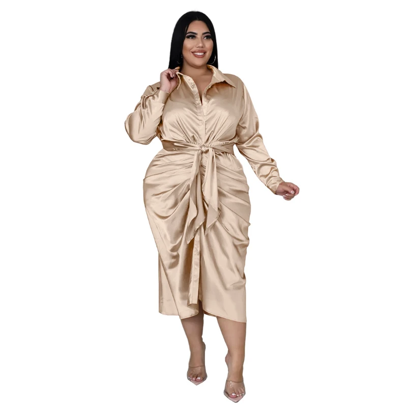 

Elegant Satin Women Shirt Dress Sexy Ruched Long Sleeve Lace Up Evening Party Midi Drerss Vestido Africano Feminino