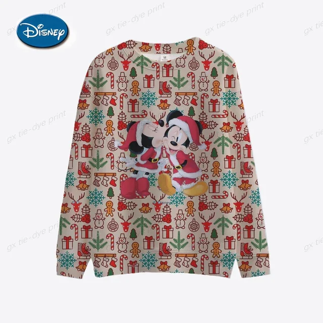 thumbnail image 1 of Sudadera de manga larga con cuello redondo ajustada con estampado navideño de Mickey Mouse y Minnie de Disney Otoño 2024 nueva moda informal, 1 of 5