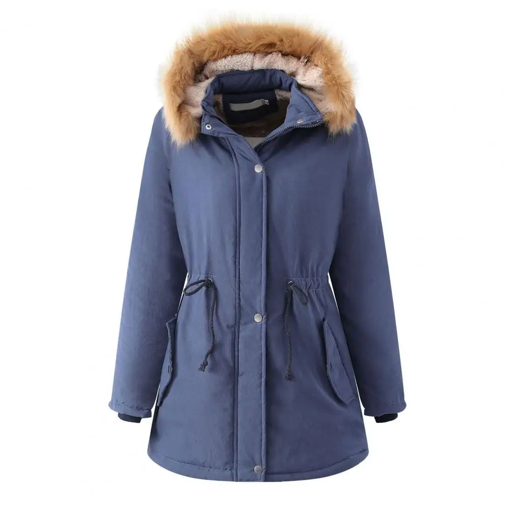 Women Autumn Winter Mid-length Coat Detachable Hooded Stand Collar Long Sleeve Jacket Solid Color Fleece Lining Outwear