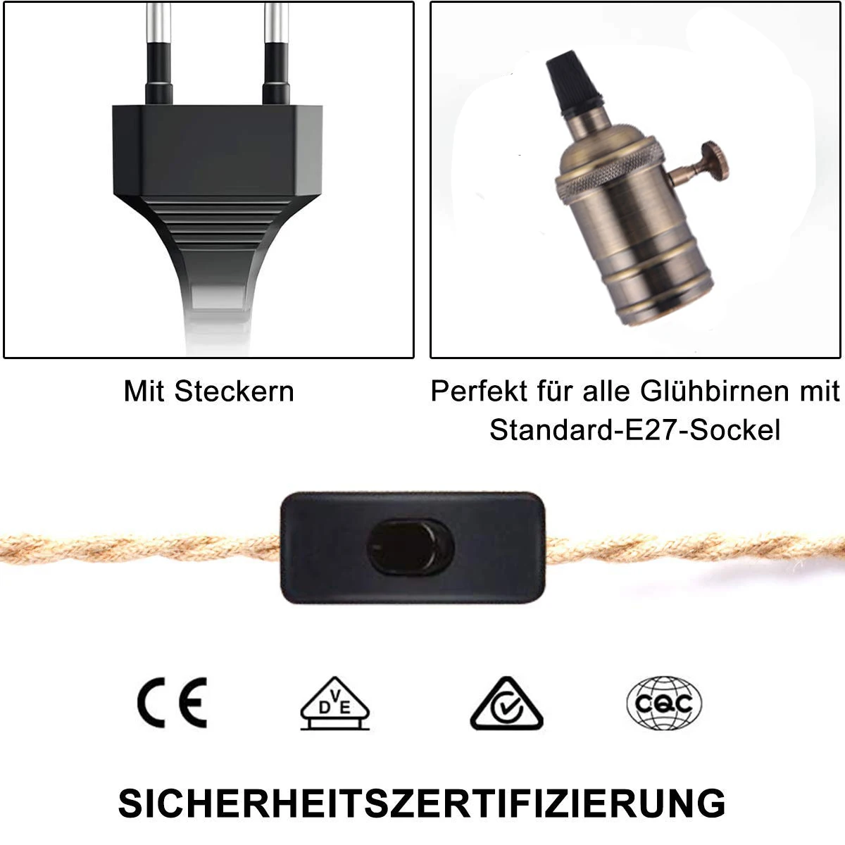 EU Plug Power Cord Twisted Hemp Rope Decorative E27 Socket Copper Lamp Base Cable 2M 3M 4.5M 220V Electrical Wire For Lighting lamp holder