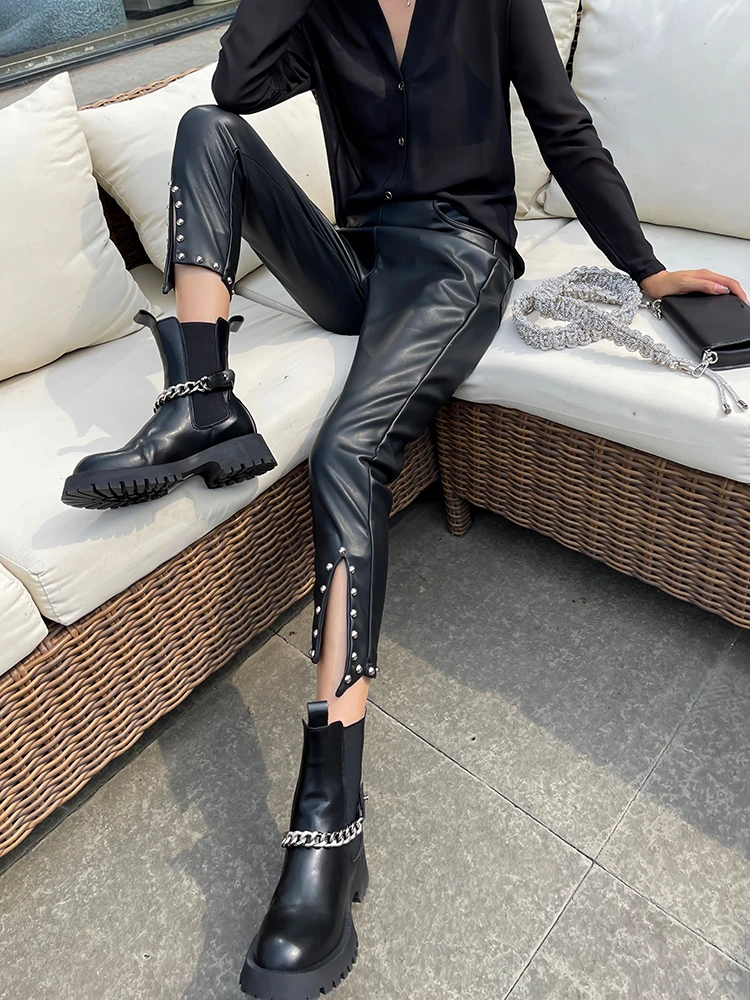 2022 Autumn New Rivet Slit Casual Pu Leather Pants High Waist Korean Black Pencil Pants Women