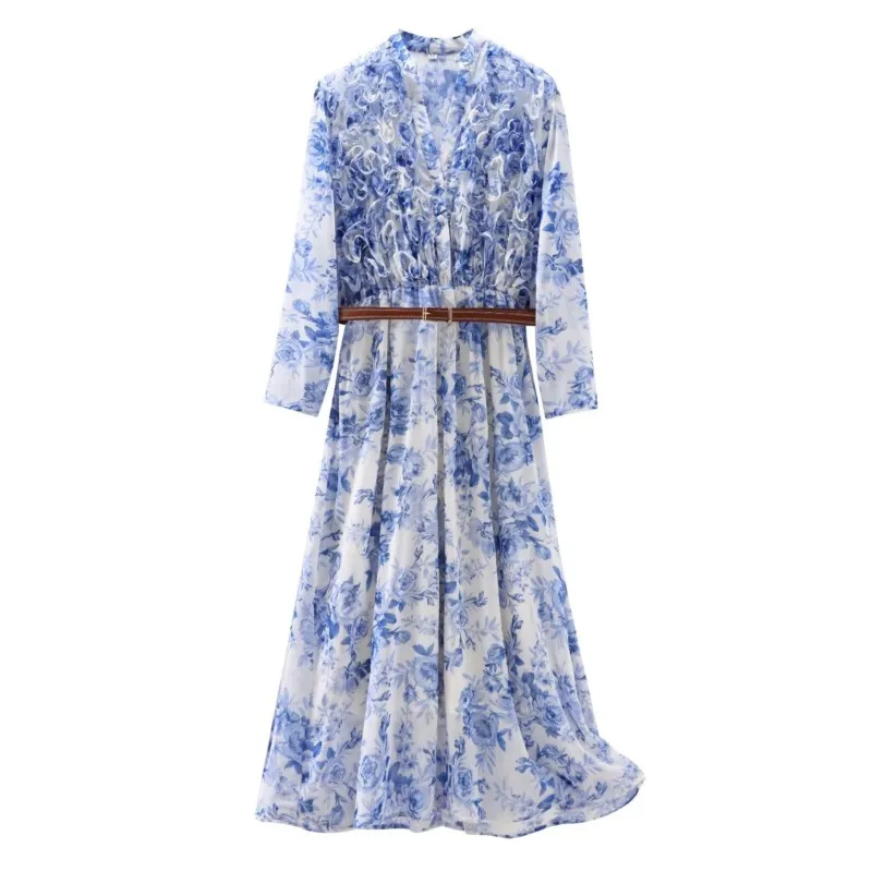 

Print Layered Long Dress For Women New 2024 Spring Summer V-Neck A-Line Belt Button Decoration Lining-Design Vintage Dress