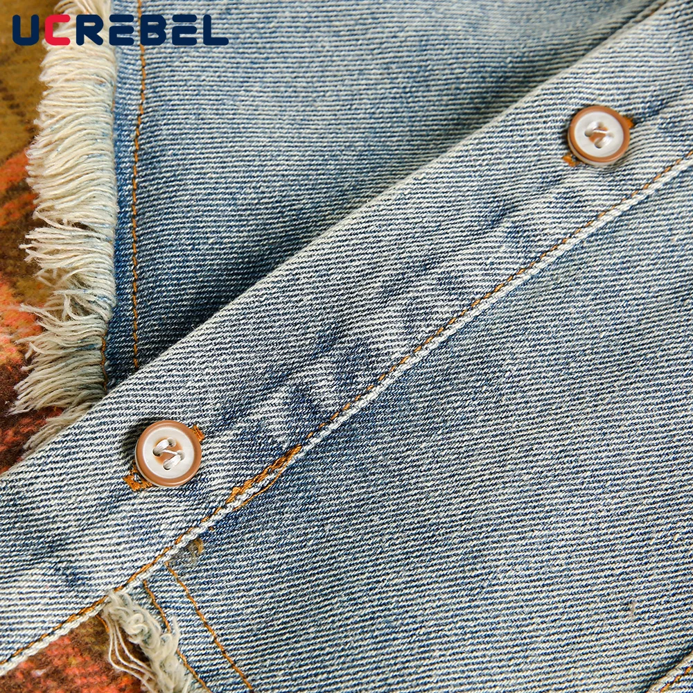Denim Plaid Spliced Shirts Mens Washed Distressed Autumn High Street Lapel Pocket Single Breasted Long Sleeve Shirts