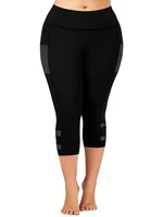 Plus Size Casual Leggings, Women's Plus Plain High Rise Contrast Mesh Capri Leggings - Image 2