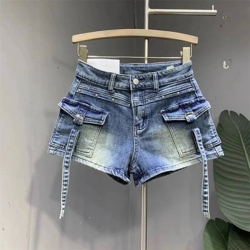 Retro Fashion Workwear Denim Shorts For Women Summer New Women Clothing Pocket High Waist Slimming Wide Leg Pants Ropa De Mujer