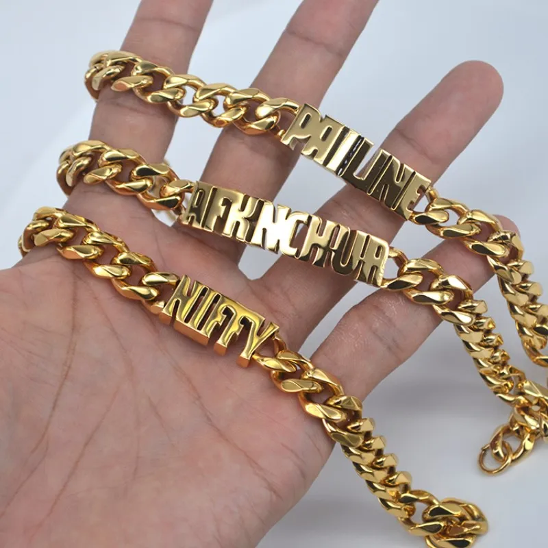 Vishowco Nome Personalizzato Braccialetti A Catena Cubana Da 8Mm Per Uomo Bracciale In Oro Personalizzato In Acciaio Inossidabile Placcato Oro 18 Cara
