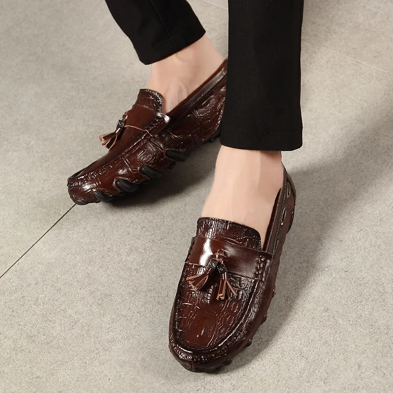 Men Genuine Leather Business Shoes Crocodile Pattern Loafers Moccasins Driving Flats Slip-On Casual