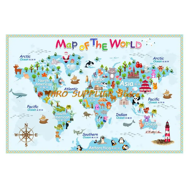 Blue Carton World Map Poster Size Wall Decoration Large Map of The World 140x93cm Waterproof Canvas Children's Bedroom