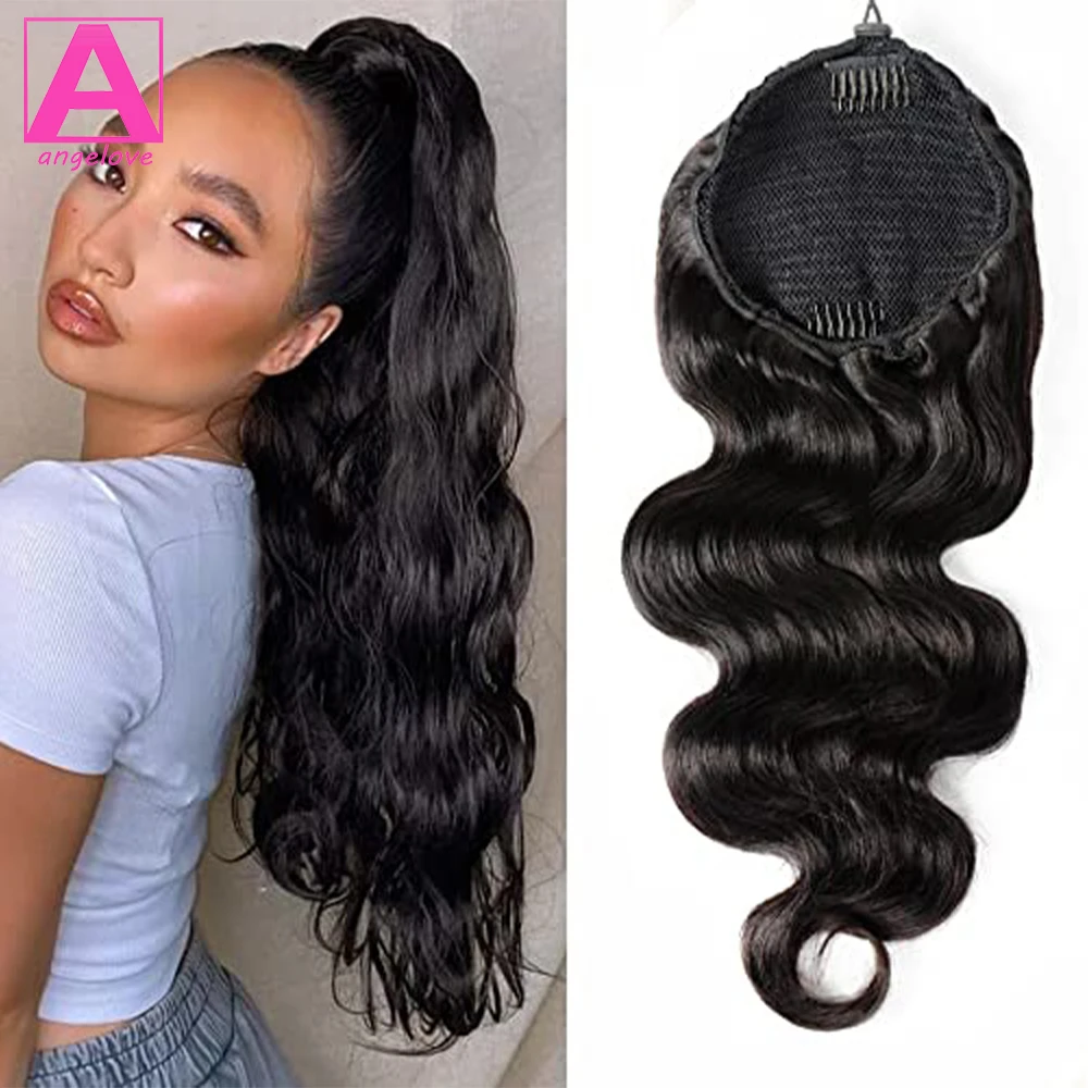 Body Wave Ponytail Wrap Around Ponytail 22 24 26inches Brazilian Human Hair Drawstring Ponytail #1B Clip In Ponytail Extensions