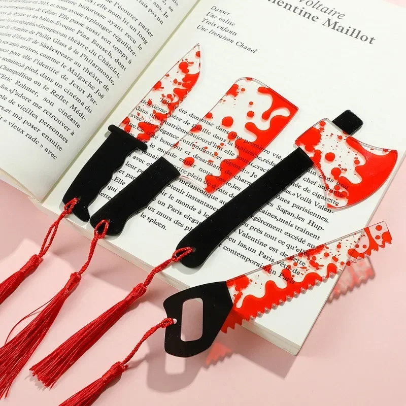 Horror Knife Clear Acrylic Bookmark with Tassel Halloween Series Funny Gift Chopper with Blood Book Mark Reading Supplies