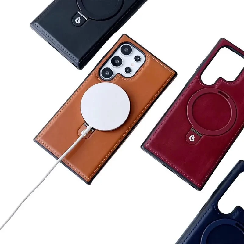 Luxury Magnetic Bracket PU Leather Phone Case with Magsafe Wireless Charging Compatibility