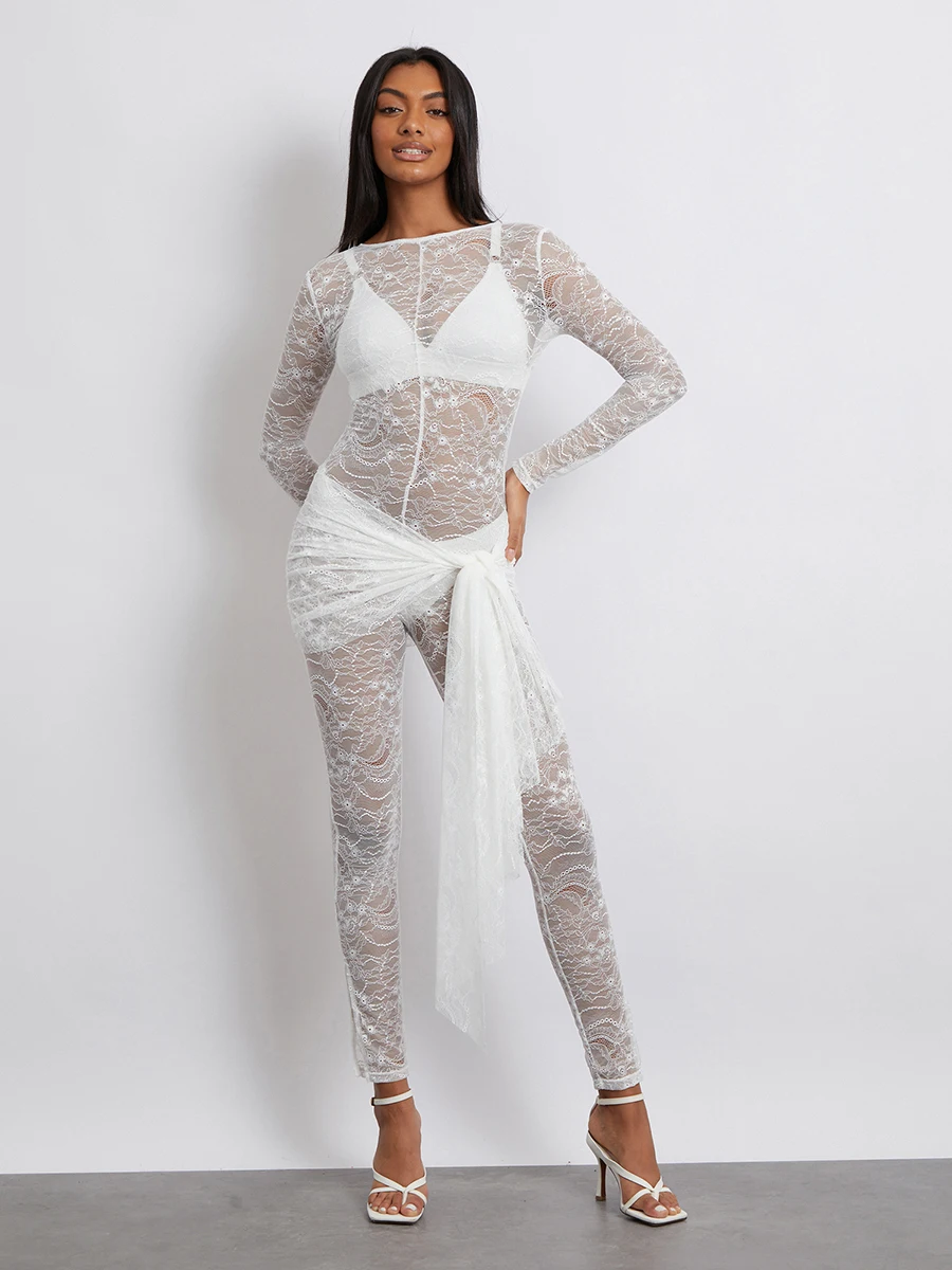 wsevypo See-Through Lace Sheer Jumpsuits Women's Sexy Long Sleeve