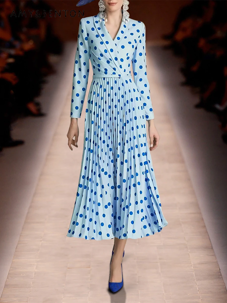 

Женское плиссированное платье в горошек, Элегантное синее платье во французском ретро-стиле с длинными рукавами и V-образным вырезом, приталенное платье с высокой талией, осень