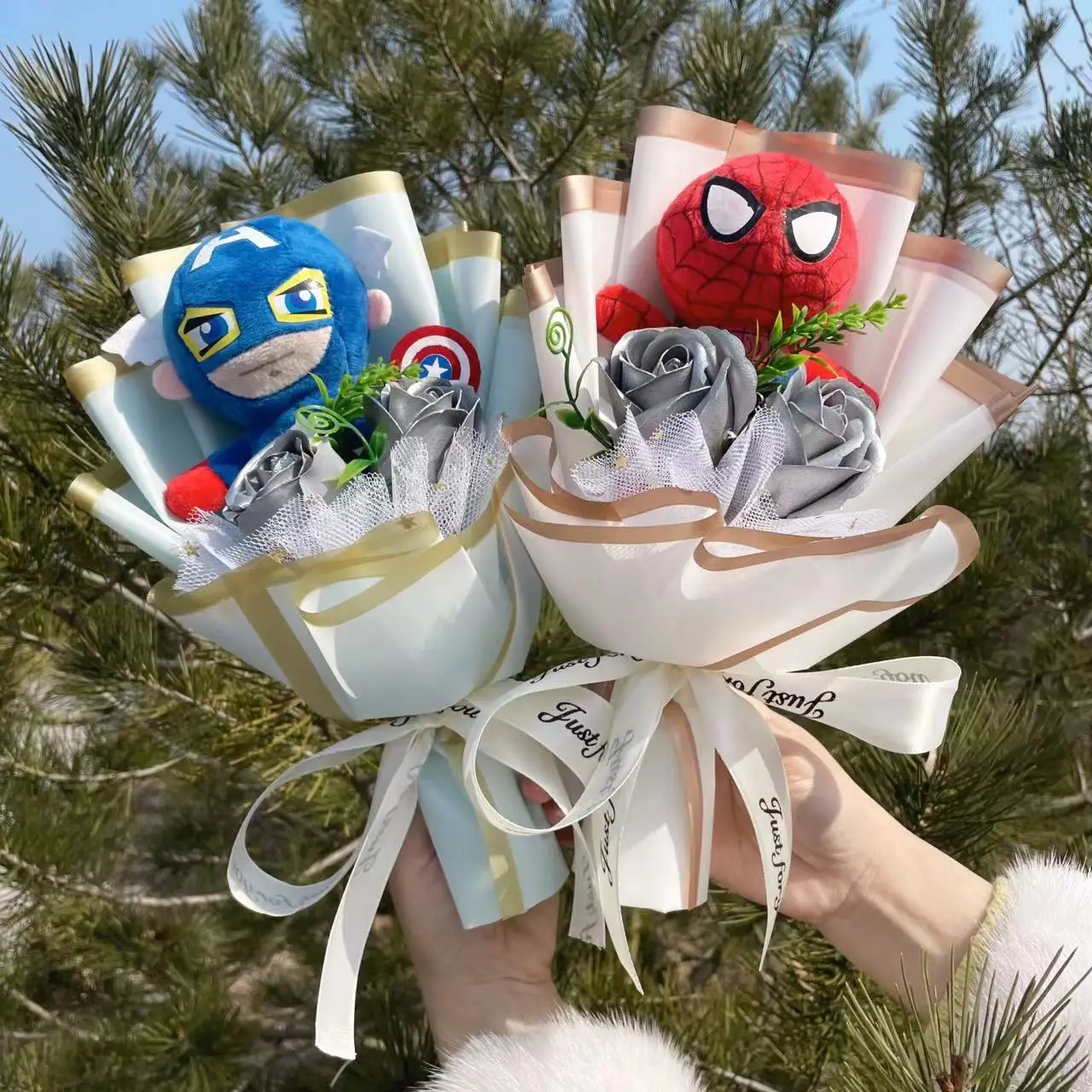 Super Hero Spider-Man Hulk Superman Captain America Plush Dolls Handmade bouquets for Boys Graduation Christmas Birthday Gifts 3