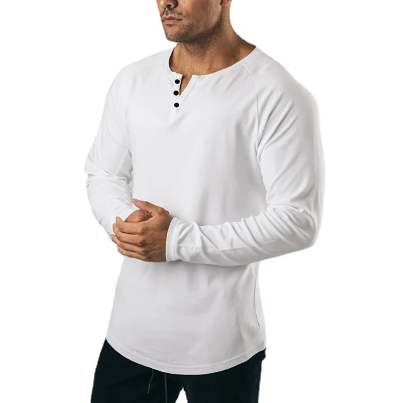 Plain Mens Casual Hip Hop Tops Slim Fit Long Sleeve V-neck T-Shirt Gym Bodybuilding Sport Cotton Shirts Fitness Muscle Clothing 5