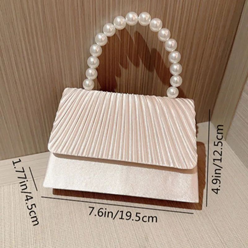 Women's Satin Pleated Evening Handbag Pearl Top Handle Wedding Bridal Party Clutch Purse Formal Bag Lady Shoulder Messenger Bags