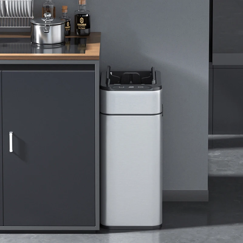 FLINQ Pattumiera con sensore – 3 scomparti – Pattumiera con coperchio con lampada UV – Pattumiera automatica 60 L – Antracite