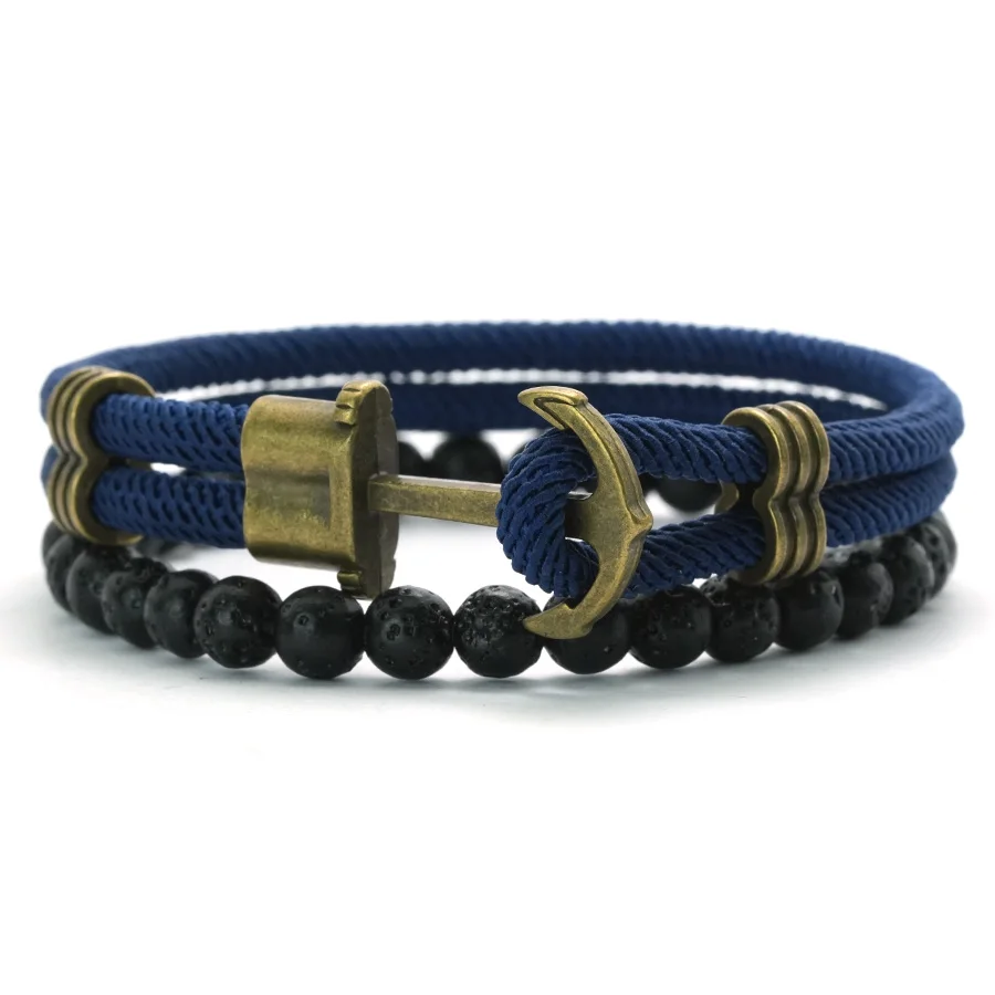 Retro 2 Teile/satz Männer Anker Armband 6mm Natürliche Lava Stein Perlen Armband 6 Farben Grade A 4mm ethnische Stoff Armband Pulseria – Detail 5