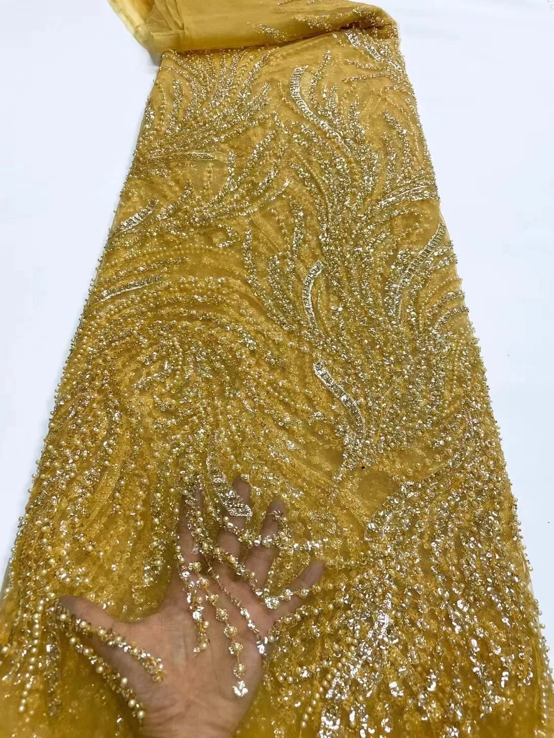 

Latest African Gold Luxury Pearl Fabric Nigeria 2022 High Quality Handmade Sequins Beads Tulle Fabric For Wedding Birthday Dress